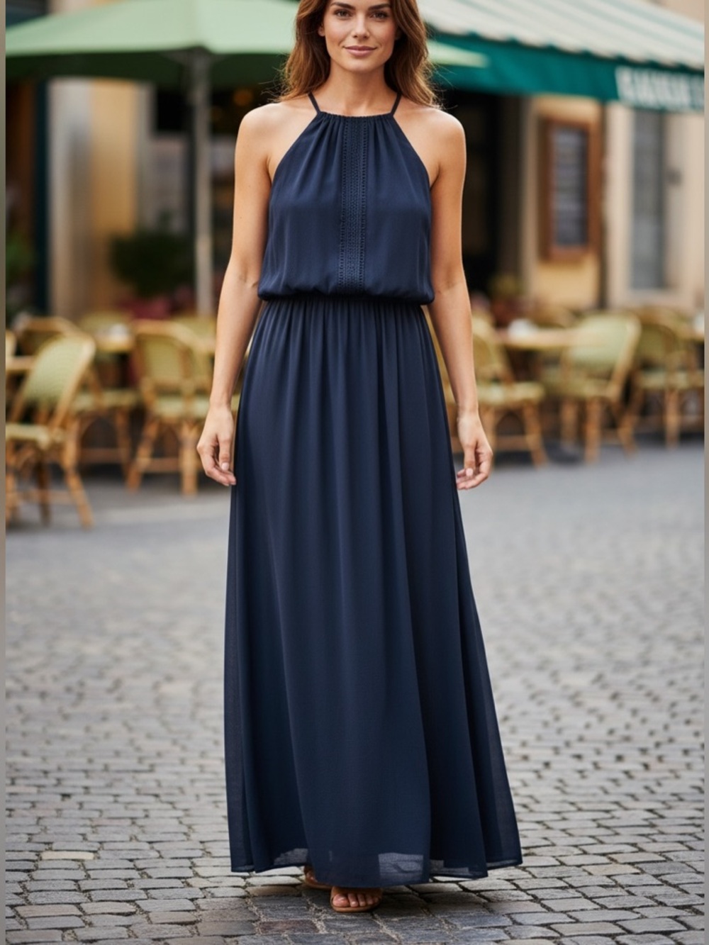 Guess Black Classic Sleeveless Halter Neck Smocked Waist Chiffon Maxi Dress S
